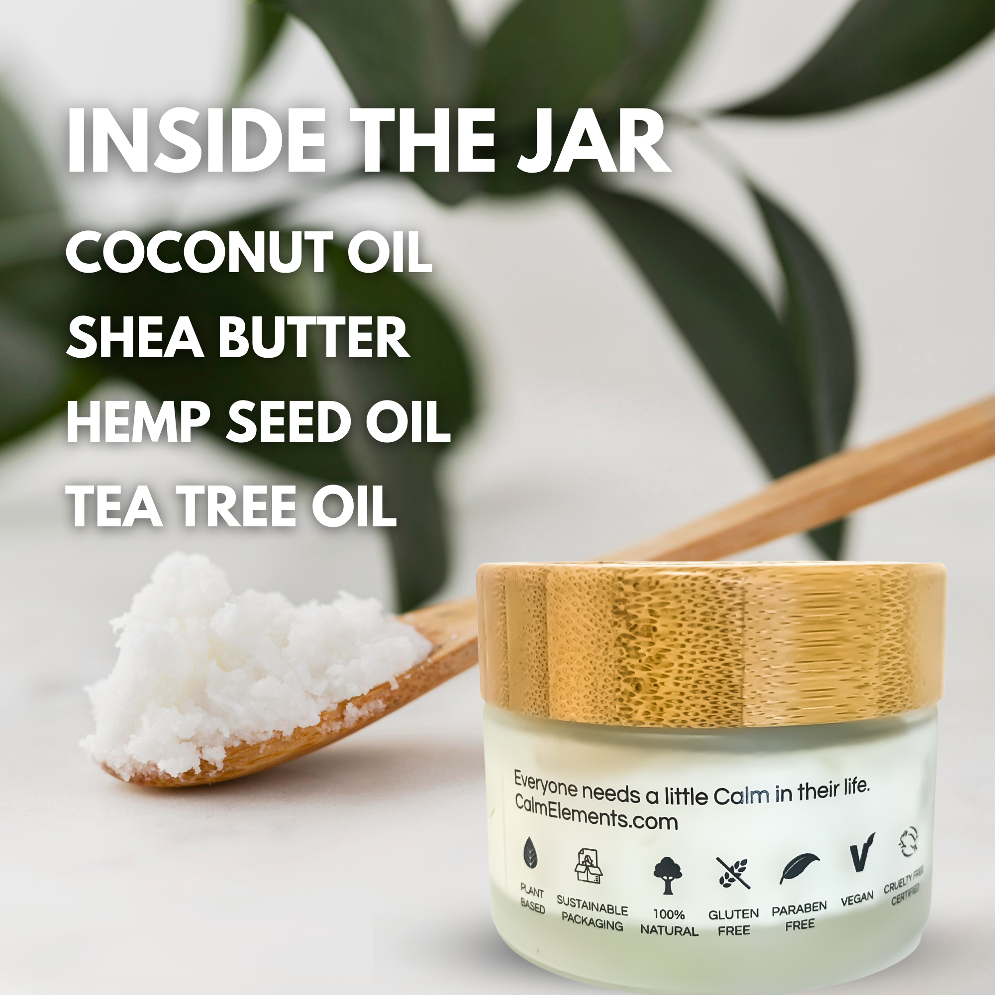 Calm Cream 50 mL Jar Ingredients Coconut Oil Shea Butter Hemp Seed And Tea Tree Oil